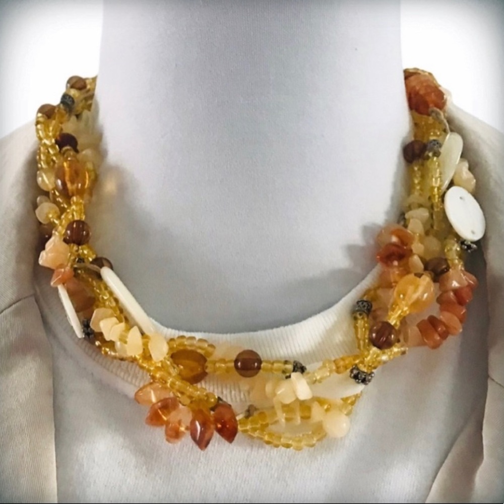 Vintage Boho Citrine & Baltic Amber Twisted Bead Strand Collar Necklace